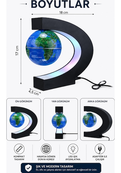 Manyetik Dönen Dünya Küre Sihirli Havada Duran Led Işıklı Dekoratif Globe Masaüstü Küre