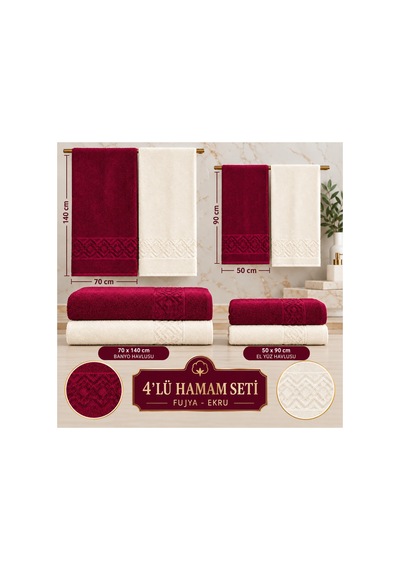 4 İü Hamam Seti 50x90 Ve 70x140 Pamuk Jakarlı Fuşya - Krem