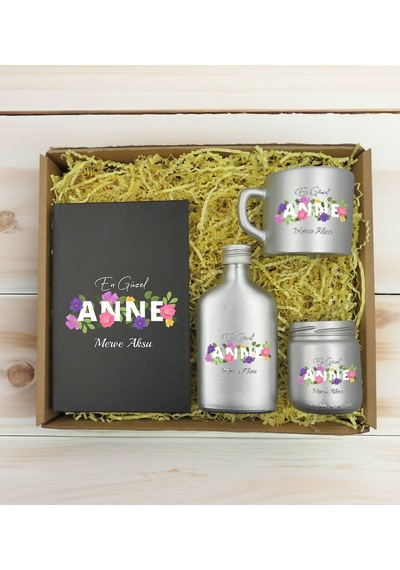 Bk Gift Kişiye Özel İsimli Dtf Anne Temalı Antrasit Defter & Gümüş Kahve Fincanı & Kolonya & Mum Hediye Seti-3, Anneye Hediye, Anneler Günü Hediyesi K