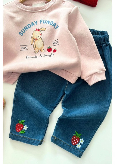 Minigimin Cicileri Tavşan Baskılı Çilek İşleme Kız Bebek Kışlık Takım - Pembe