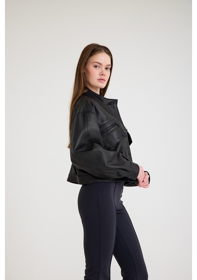 Oversize Bayan Deri Ceket Vb-24-bk-2797-24023 Siyah