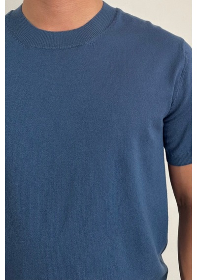 Tarz Cool Erkek Slim Fit Bisiklet Yaka Triko T-shirt Saks