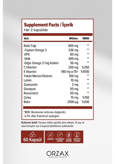 Ocean Vision,omega 3 + Epa & Dha, Lutein, Zeaksantin, Resveratrol, Glutatyon, C Vitamini, Çinko 60 Kapsül