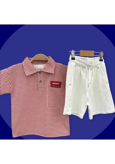 Lolliboomkids Yeni Sezon Kımızı Çizgili Polo Yaka Tshirt Ekru Bermuda Şort Takım 2'li Set Beyaz - Kırmızı