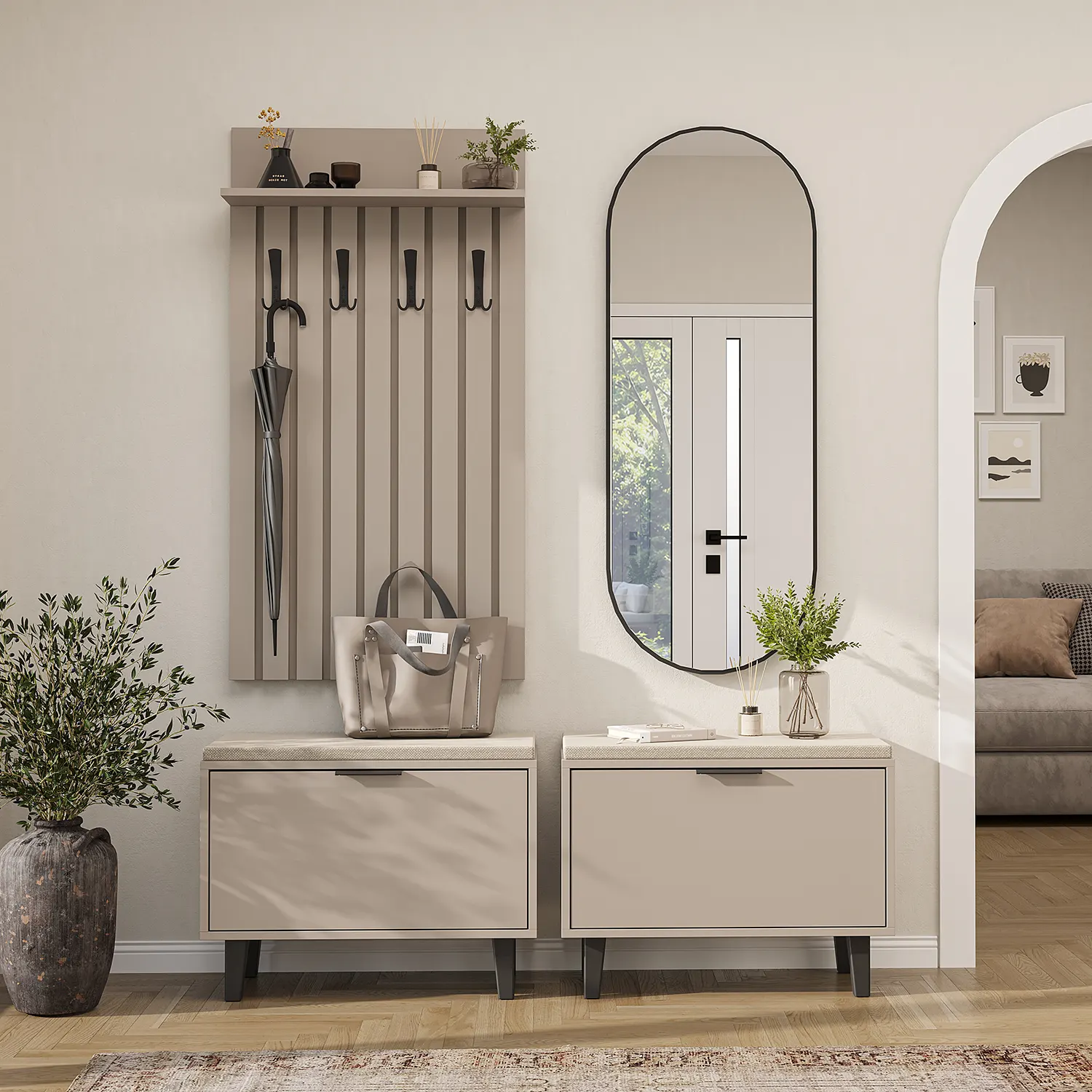 Nord Vestiyer Takımı Lambri Askılıklı, 2 Adet Kapaklı Bench, Modüler, Oval Aynalı Portmanto Takımı Kumtaşı Nord Vestiyer Takımı Lambri Askılıklı, 2 Adet Kapaklı Bench, Modüler, Oval Aynalı Portmanto Takımı Kumtaşı