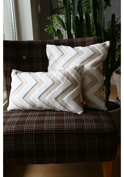 Bohem Özel Tasarım Punch Panç Desen Kare Dekoratif Kırlent Kılıfı 55x55 cm Line Bej