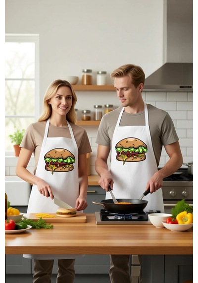 Unisex Mutfak Aşçı Önlüğü Hamburger Para Baskılı Komik Tasarım Gü Beyaz