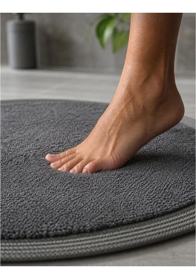Kaymaz Taban Peluş Banyo Paspası Seti Siyah Rengi Jüt Kenar Detaylı 2'li Oval Yuvarlak 100x60 60x60