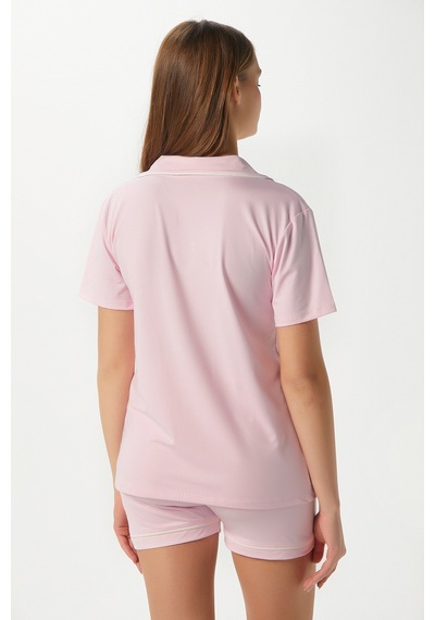 Ritnice Kadın Violet Pembe Şortlu Fiyonklu Alt Üst Pijama Takımı