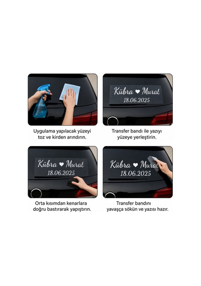 Mupoy Kişiye Özel Gelin Arabası Arka Cam Yazısı İsim, Tarih Ve Dekorlu Sticker
