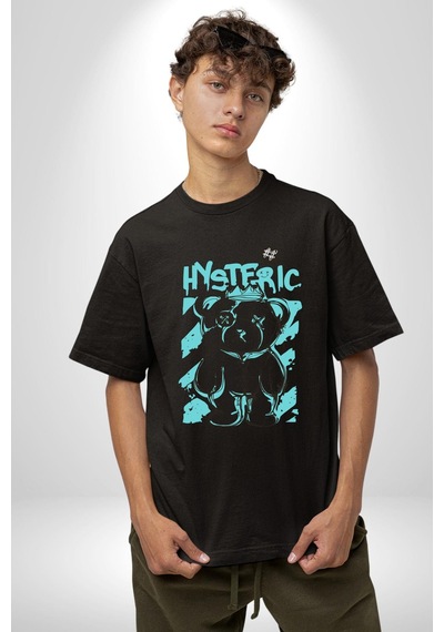 Histerik Pamuklu Bisiklet Yaka Unisex Oversize Boyfriend Dijital Baskılı Siyah T-shirt Siyah