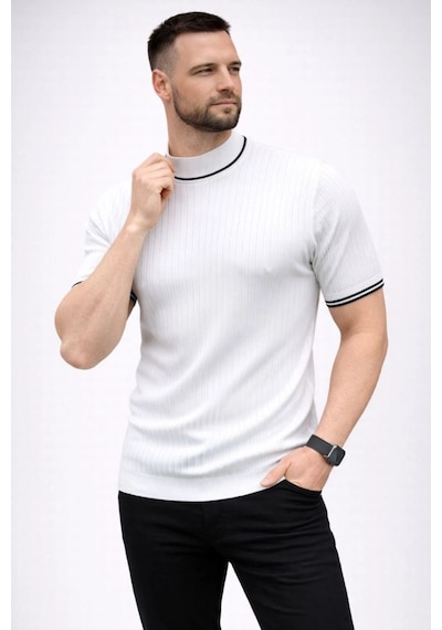 Erkek Fitilli Triko Dokuma Kısa Kol Tişört Yarım Boğaz Modern Yazlık T-shirt - Beyaz