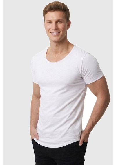 Deepsea Erkek Beyaz Geniş Yaka Likralı Tişört Oval Yaka Slim Fit Eteği Oval Açık Yaka T-shirt 1801199 Beyaz