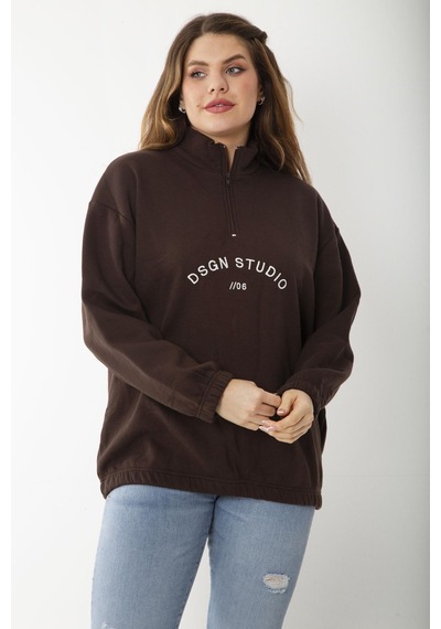 Şans Kadın Büyük Beden Kahve İçi Şardonlu Ön Pat Fermuarlı Nakışlı Sweatshirt 65n37202-kahve Kahverengi