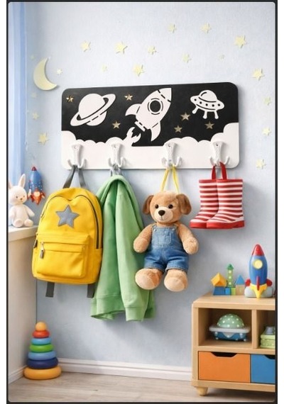 Premium Montessori Katmanlı Çocuk Odası Askılığı - Özgüven Destekleyici Özel Tasarım Siyah - Beyaz