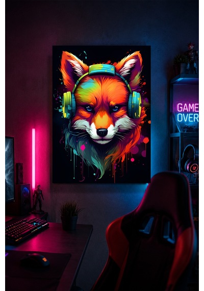 Gaming Kulaklıklı Tilki Metal Duvar Tablosu Gamer Oda Dekoru Renkli Tasarım 20x30 Cm A4 Boyutunda