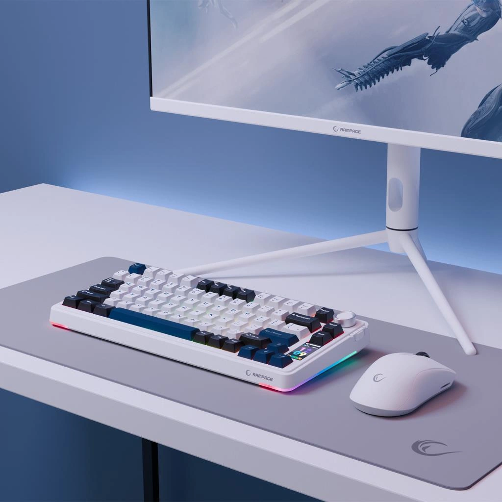 Rampage Quell Pro Dijital Ekranlı Beyaz Hot Swap 2.4g + Bt Wireless Rgb Gasket Oil Switch Türkçe Q Pbt Keycaps Mekanik Klavye