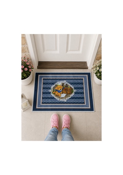Yavru Köpek Figürlü Retro Tasarım Dekoratif Kapı Önü Paspası 40x60cm Çok Renkli
