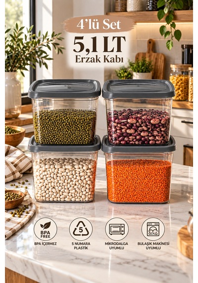 Porsima 0976 4'lü Kare Erzak Saklama Kabı Seti 5,1 Lt Koyu Gri - Şeffaf Bakliyat, Deterjan & Mutfak Düzenleyici Kutu