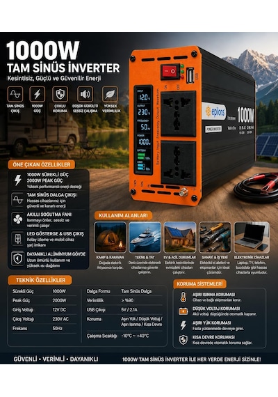 Tr 1000w Tam Sinüs İnverter, 12v Dc - 230v Ac, 2000w Peak Güç, Usb Çıkışlı, Sessiz Fanlı, Karavan Tekne Solar Genel