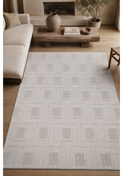 Aksante Ahenk Geometrik Bej Kaymaz Taban Robot Süpürge Uyumlu Salon Halısı