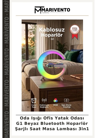 Oda Işığı Ofis Yatak Odası G1 Beyaz Bluetooth Hoparlör Şarjlı Saat Masa Lambası 3in1