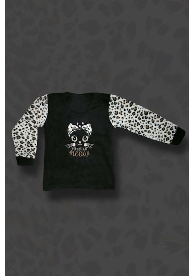 Kız Çocuk Leopar Desenli Göz Bantlı Peluş Polar Pijama Takımı Siyah