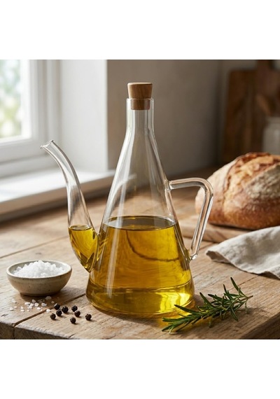 500 Ml Akasya Ahşap Kapaklı Borosilikat Cam Yağlık Ve Sirkelik - Düz Ve Çizgili Desen Seçenekleriyle Şık Konik Tasarımlı Cam Kulplu Damlatmaz Mutfak Gereci Düz