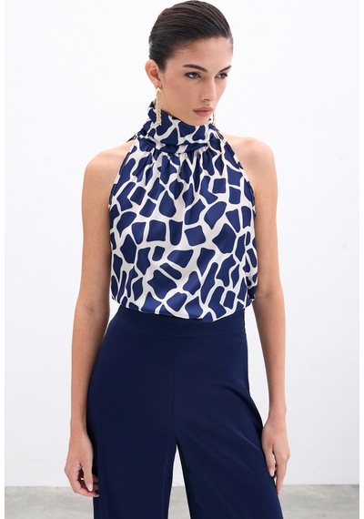 Sateen Boğazlı Kolsuz Bluz - Bej-lacivert-135950 Bej-lacivert