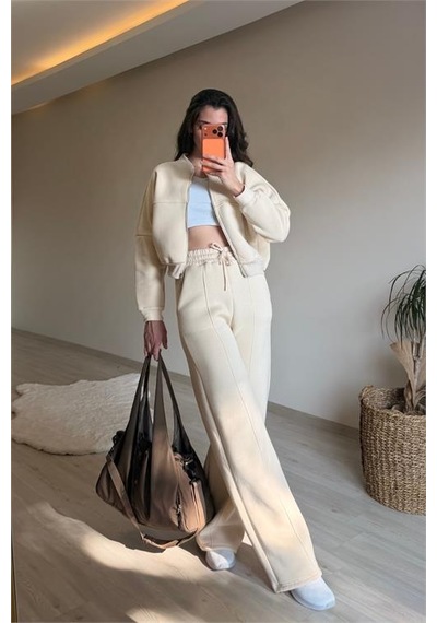 Neşeli Butik Kadın Oversize 3 İplik Cepli Eşofman Takımı Nm029 Bej