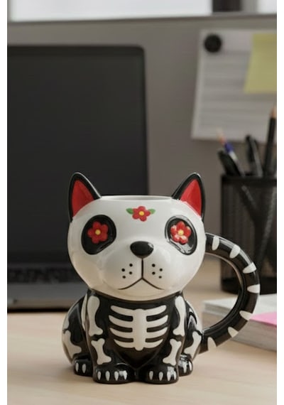 Dekoratif Ev Ofis Day Of The Dead Köpek Figürlü 3d Kabartmalı Porselen Kupa Seramik Şirin Kupa Çok Renkli