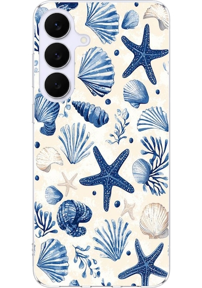 Samsung Galaxy S25 Fe Uyumlu Mavi Deniz Kabuğu Ve Yıldız Desenli Baskılı Silikon Kılıf Renkli
