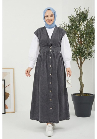 Hb Harma Time Butik Kadın V Yaka Düğmeli Kot Siyah Jile
