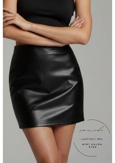 Sermoda Kalem Deri Etek - Bel Lastikli Slim Fit Mini Kalem Etek Ud Siyah Kd Siyah