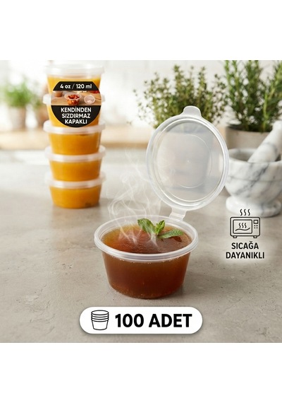 4 Oz 120 Ml, 100 Adet, Sıkı Ve Sızdırmaz Kendinden Kapaklı/sert Plastik Sosluk - Kemik Suyu Ve Sos Kabı Şeffaf