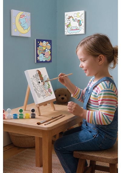 Sevimli Kuğular Temalı Çocuk Boyama Tuvali Şövaleli Eğitici Boyama Seti 20x20 Cm