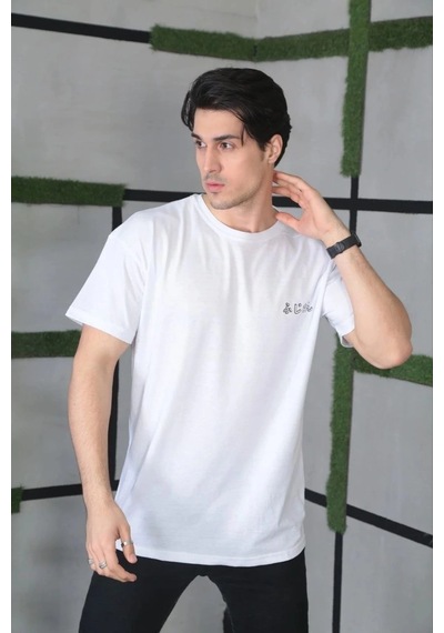 Moda Assema Erkek Bisiklet Yaka Baskılı Kısa Kol Oversize T-shirt - Beyaz Çok Renkli
