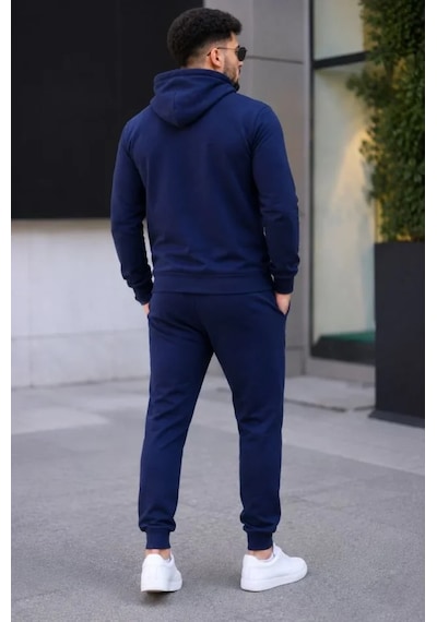 Butik İstanbul Erkek İki İplik Kapüşonlu Kanguru Cepli Sweatshirt Jogger Pantolon Alt Üst Eşofman Takımı - Lacivert