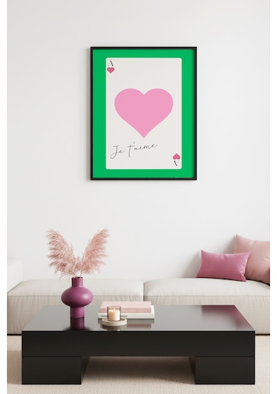 Doğal Ahşap Çerçeveli Retro Tablo - Pembe Kalp Aşk Temalı Huhu2261