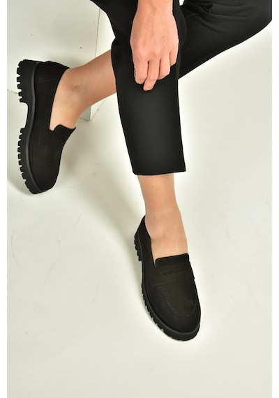 Fox Shoes V944086101 Siyah Hakiki Deri Nubuk Kalın Tabanlı Makosen Ayakkabı Siyah
