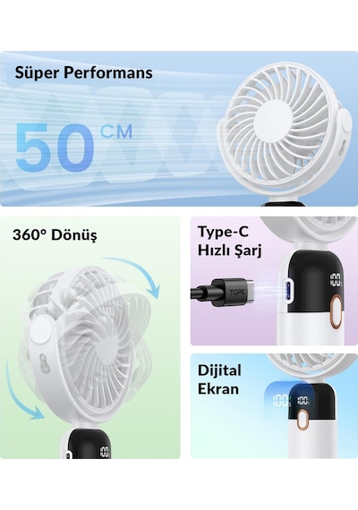 Warmco K70 Taşınabilir Şarjlı El Vantilatörü 2400mah 360 Döner Başlıklı Ve Standlı Dijital Ekranlı Soğutucu Fan Beyaz