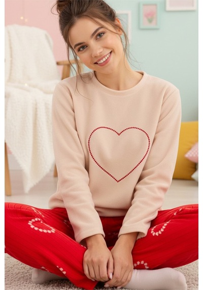 Siyah İnci Fitilli Polar Kışlık Örme Pijama Takım 25222049 Somon-kırmızı