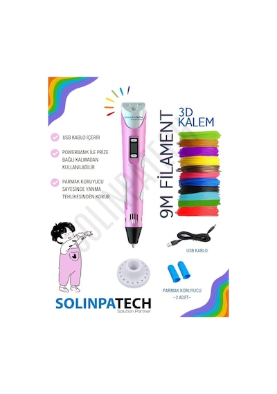 Pembe 3D Kalem 3D Pen 3 Boyutlu Yazıcı Kalem 3 Renk 9 Metre Filament + USB KABLO