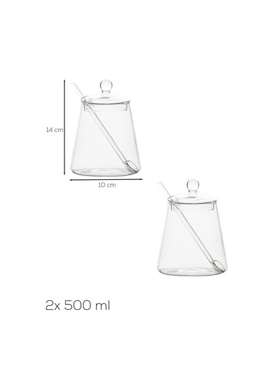 Porsima Lm-0019 Kaşıklı Kapaklı Cam 2li Şekerlik Sunumluk Seti Bal Ve Reçel Kavanozu Saklama Kabı 500ml Şeffaf