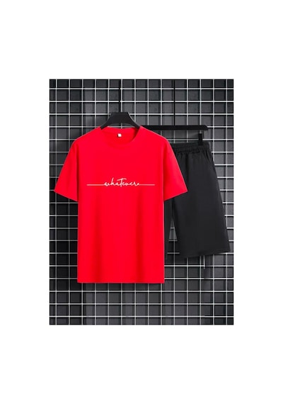 Medinenur El Yazı Detaylı Baskılı T-shirt Short Bol Paça Rahat Kalıp Siyah Alt Siyah Üst Short Takım Kırmızı