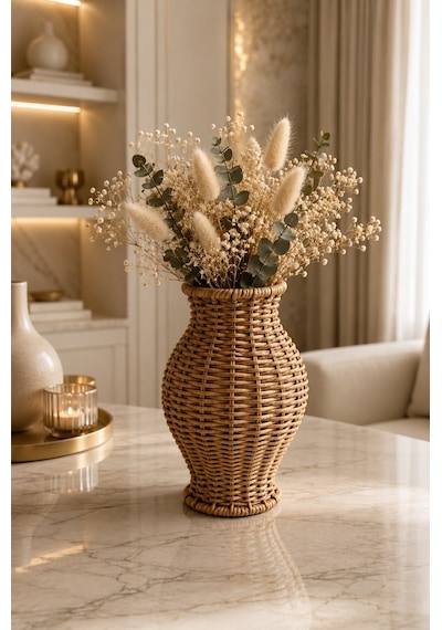 Qerhome Rattan Hasır Dekoratif Vazo - Dekoratif Obje Mln-11431 Ahsap