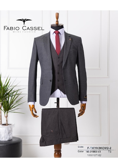 Fabio Cassel Slim Fit Mono Yaka Çift Yırtmaçlı Astarlı Takım Elbise Yelekli Füme