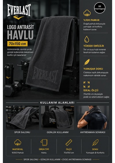 Everlast Logo Antrasit 70x150 Cm Havlu Au0016-333 %100 Pamuk Spor Havlusu