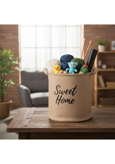 Lexroo "sweet Home" Yuvarlak Jüt Düzenleyici Sepet Krem Renk Katlanabilir Kumaş Kulplu Organizer