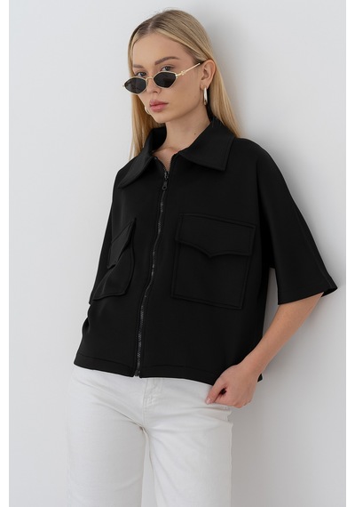 Kadın Scuba Kumaş Fermuarlı Ceket Yapılandırılmış & Günlük Stil Siyah